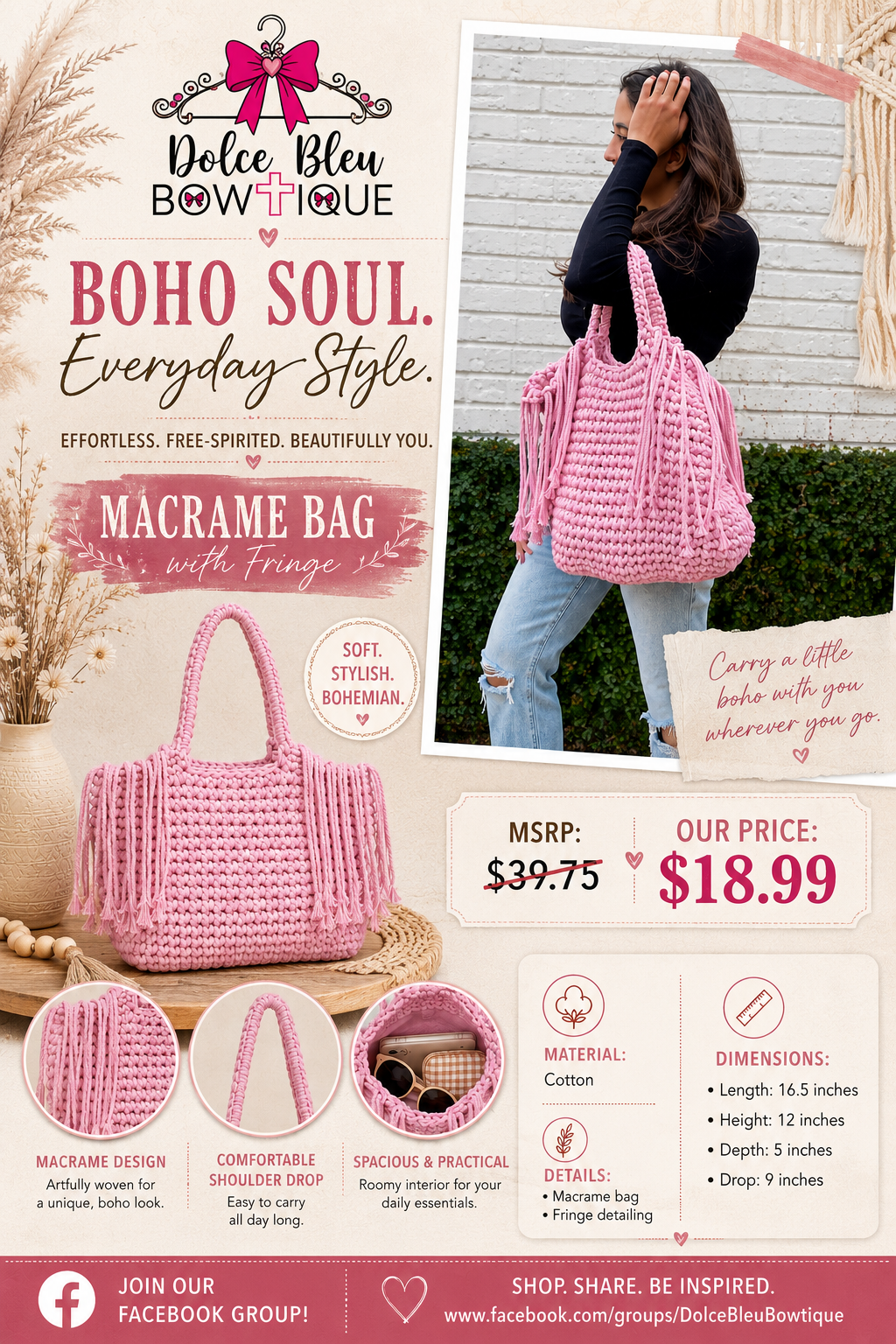 Macrame Fringe Bag – Boho Cotton Handbag