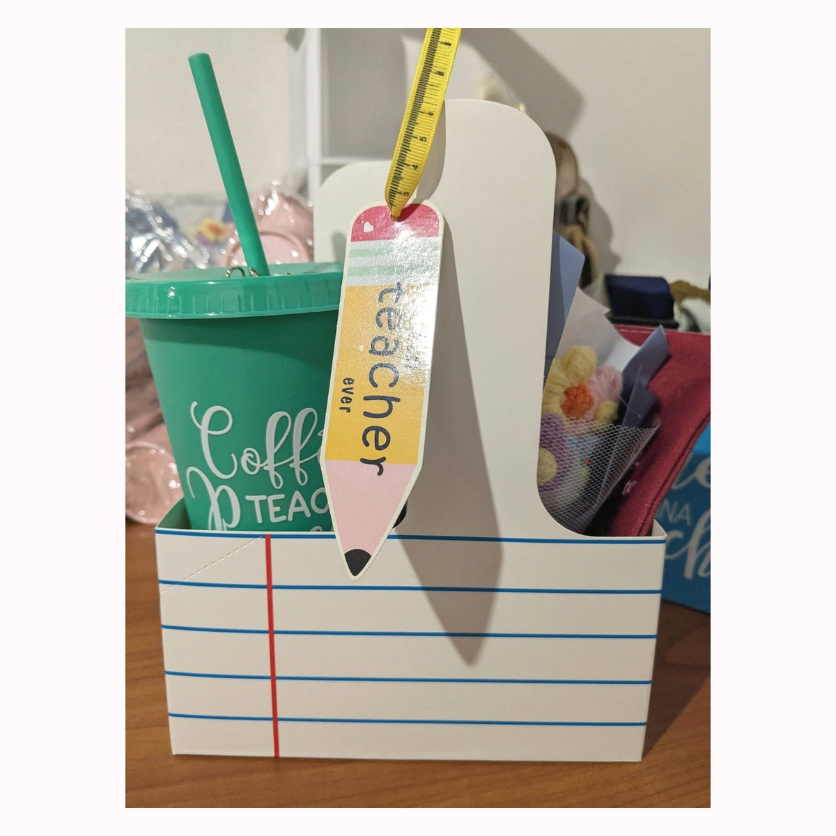 Gift for Teachers - Best Teacher Ever Gift Caddy – Cup, Crocheted Bouquet & Accessories