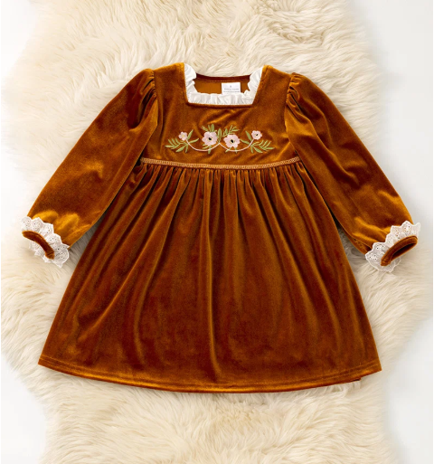 Girls Boho Floral Embroidered Velvet Dress – Preorder