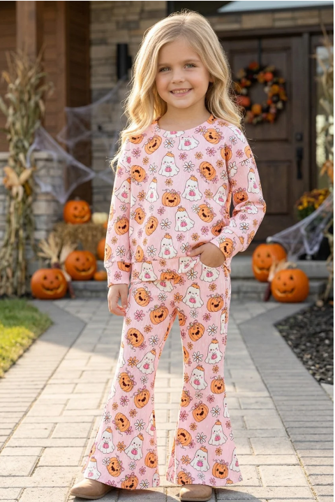 Ghosty Pumpkin Girls Halloween Flare Pants Set – Preorder