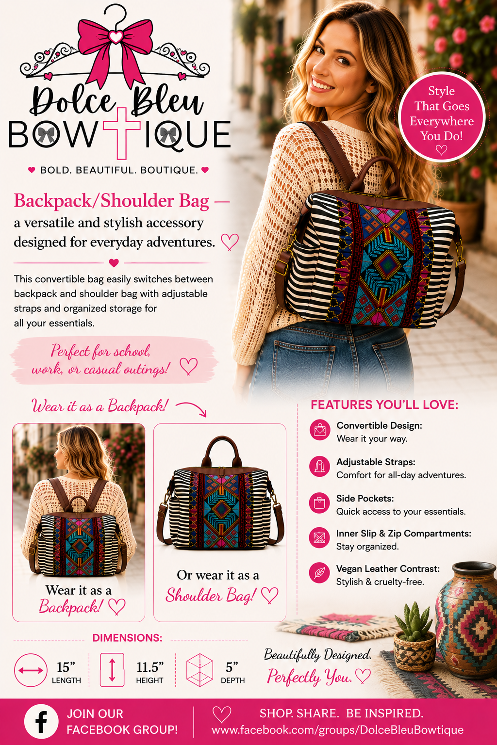 Aztec Black Stripe Convertible Backpack Purse