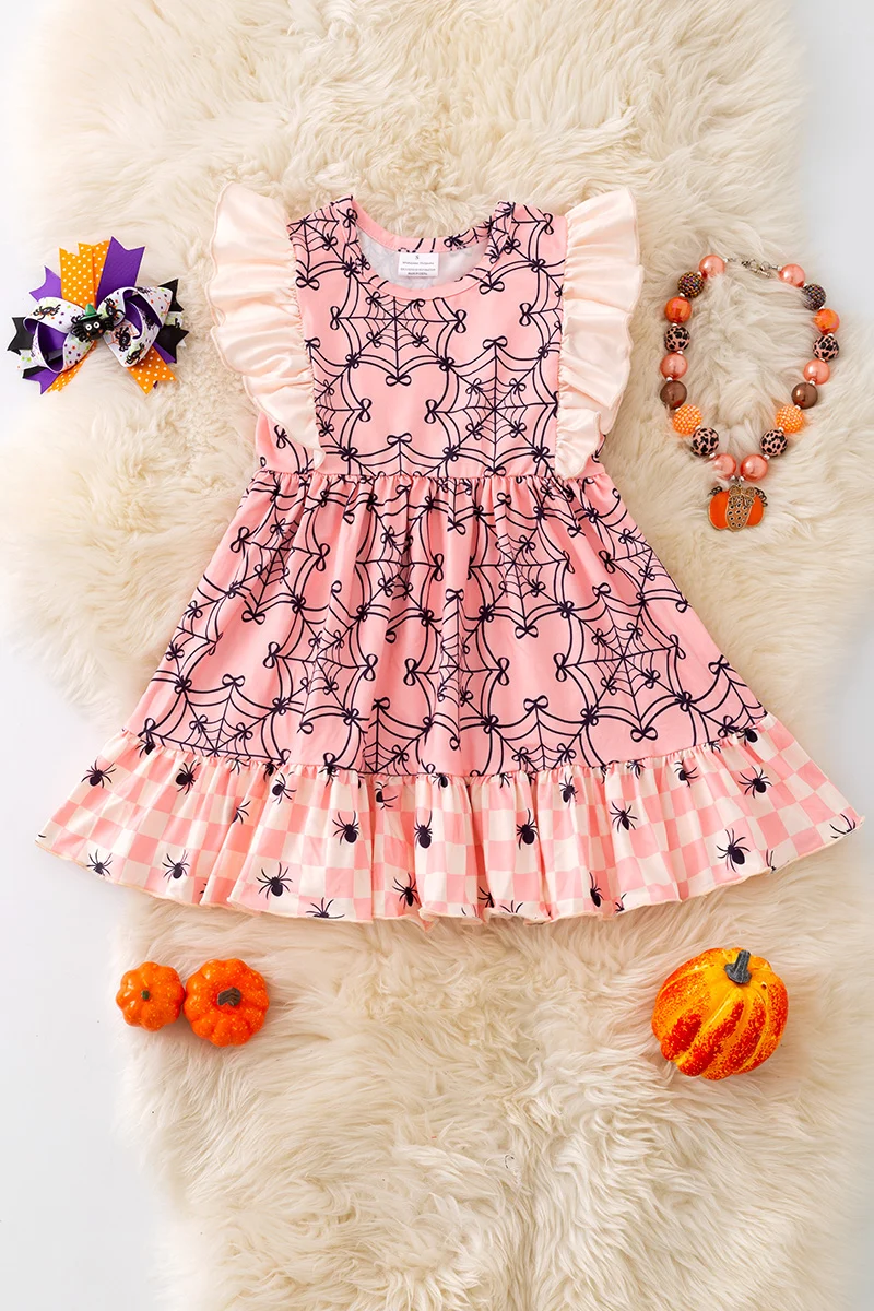 Girls Pink Spider Web Ruffle Halloween Dress – Preorder
