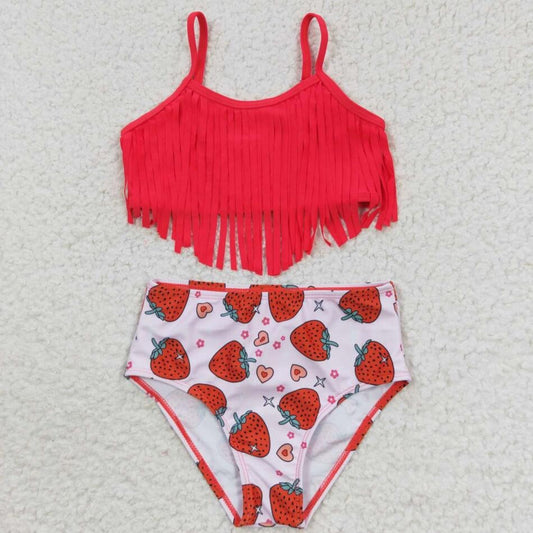 Neon Strawberry Print Fringe Bikini