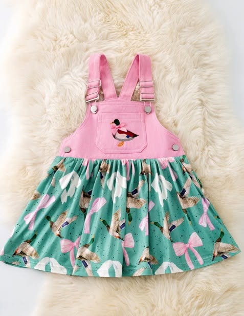 Denim Duck Print Overall Dress