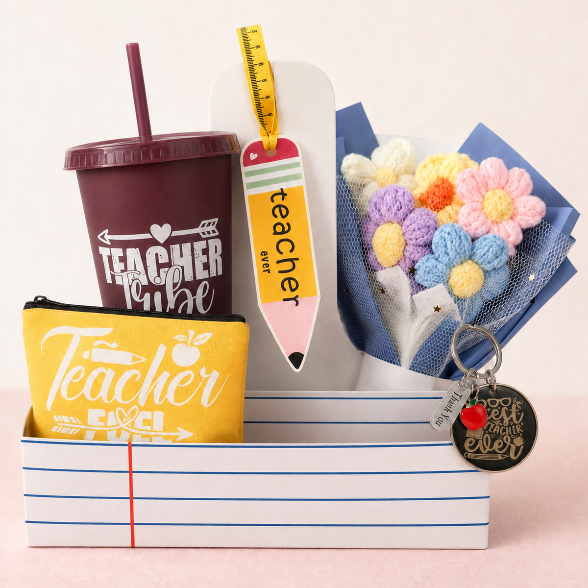 Gift for Teachers - Best Teacher Ever Gift Caddy – Cup, Crocheted Bouquet & Accessories