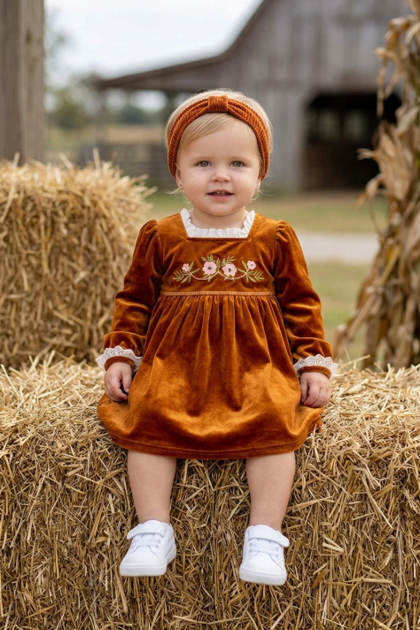 Girls Boho Floral Embroidered Velvet Dress – Preorder
