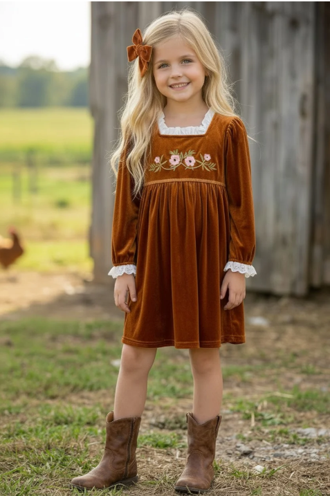 Girls Boho Floral Embroidered Velvet Dress – Preorder