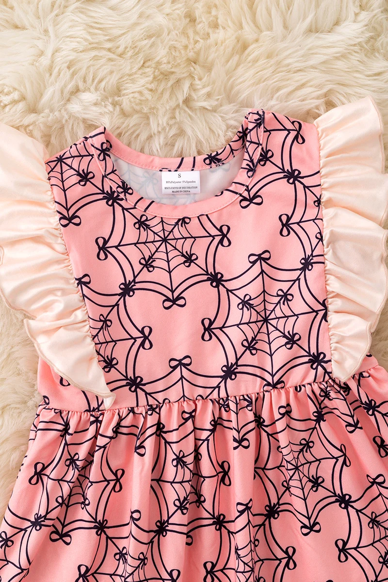 Girls Pink Spider Web Ruffle Halloween Dress – Preorder