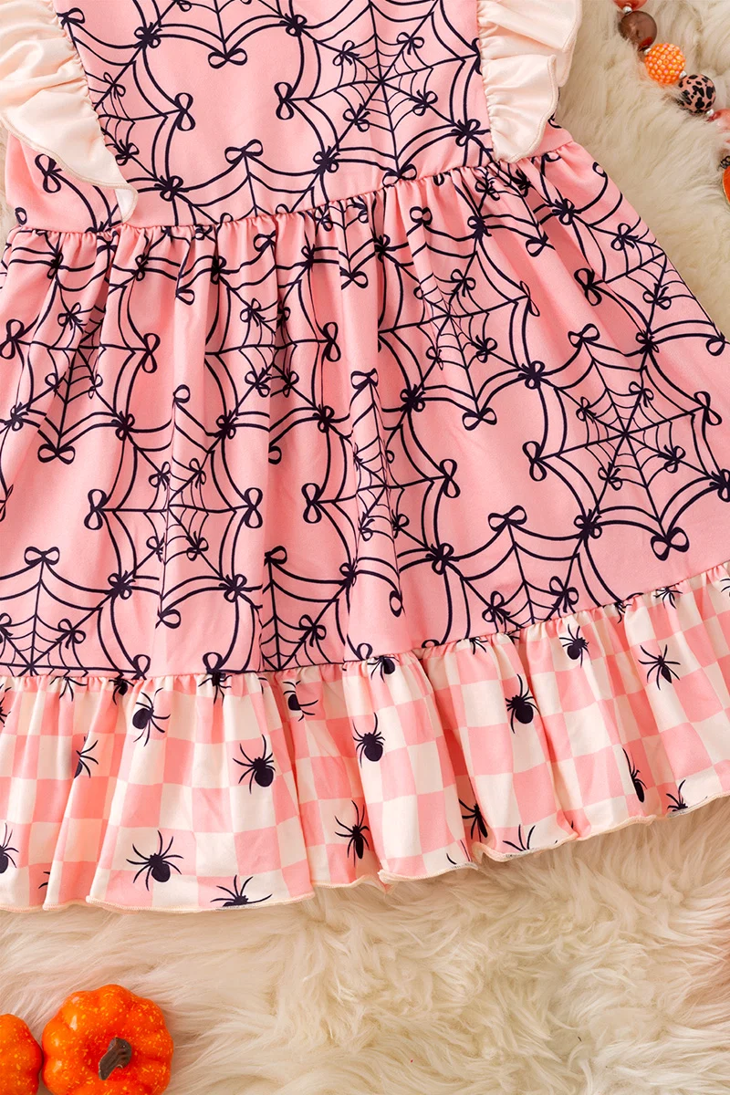 Girls Pink Spider Web Ruffle Halloween Dress – Preorder