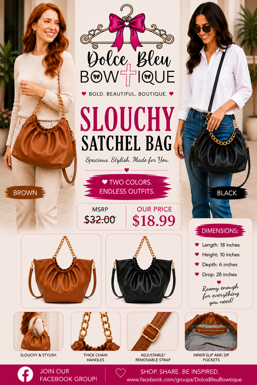 Slouchy Chain Shoulder Bag – Brown or Black