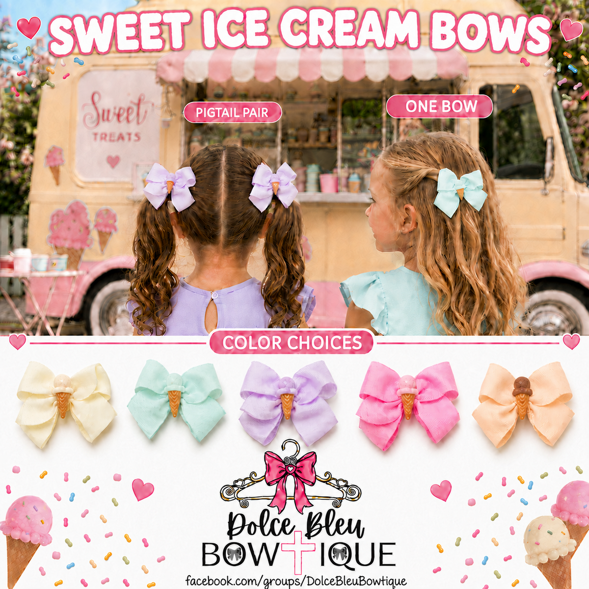 Ice Cream Cone Hair Bows – Single or Pigtail Pair